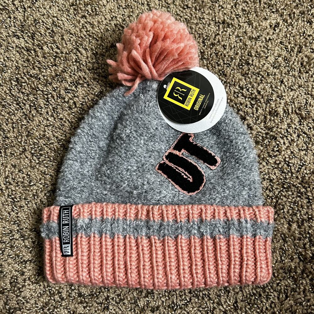 Robin Ruth Pom Pom Beanie - Utah - Winter Knit Cap Hat - Pink Salmon Gray NWT
